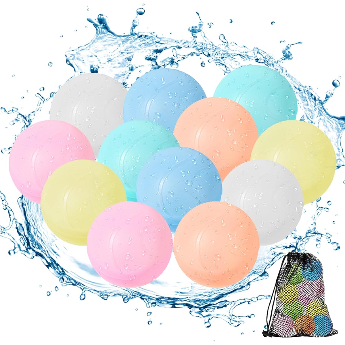 Reusable Kids Water Balloons Silicone Refillable Water Balloons Quick Fill Kids Outdoor Water Toy Splash Bomb Water Ball with Mesh Bag Summer Pool Fun Games (Pack of 12)