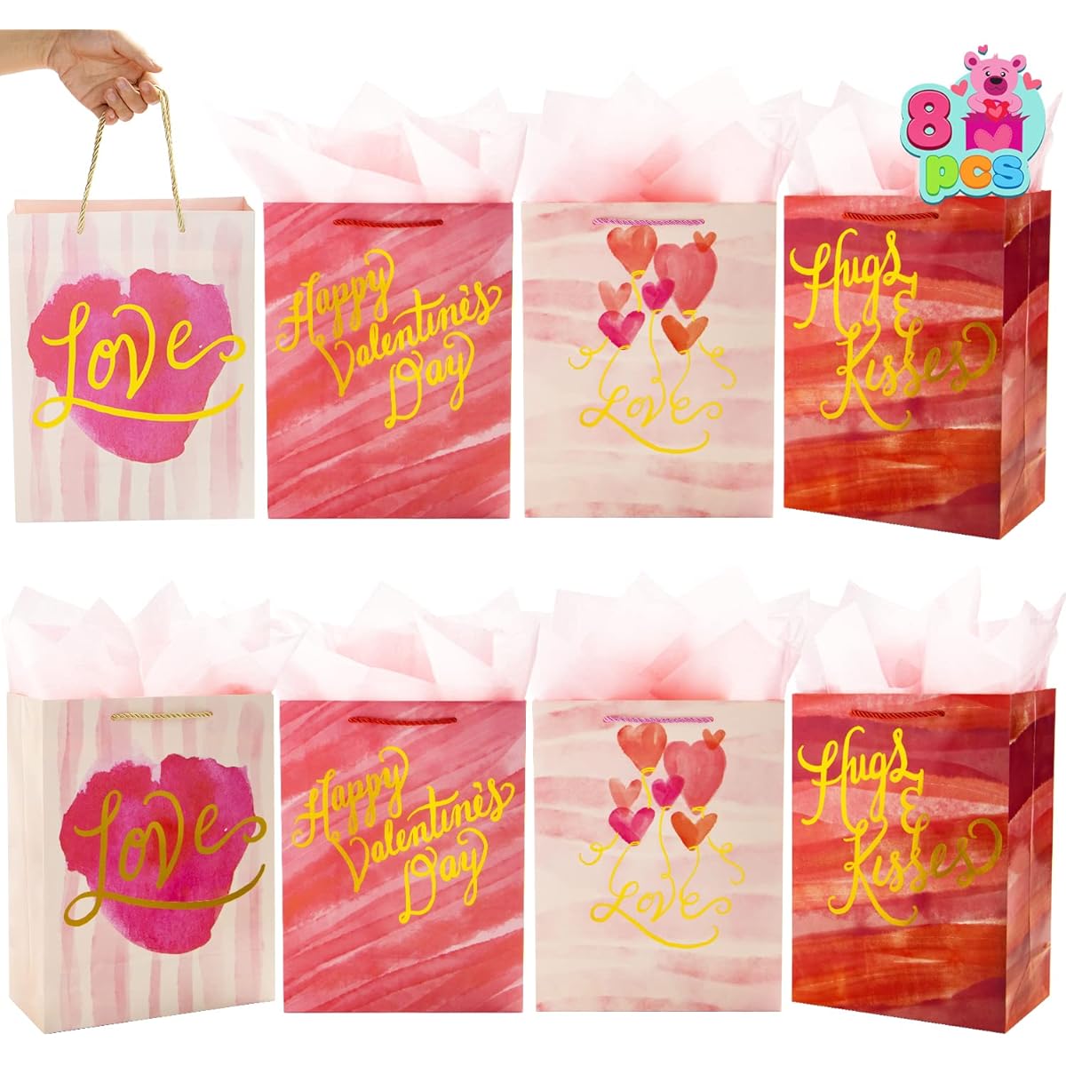 JOYIN Valentine's Day Gift Bags with Tissue Paper, Large Size 10 x 12.8 x 4.4 Inch, 4 Red Theme Designs, Kids Party Favors, Classroom Exchange Prizes, Present Wrapping