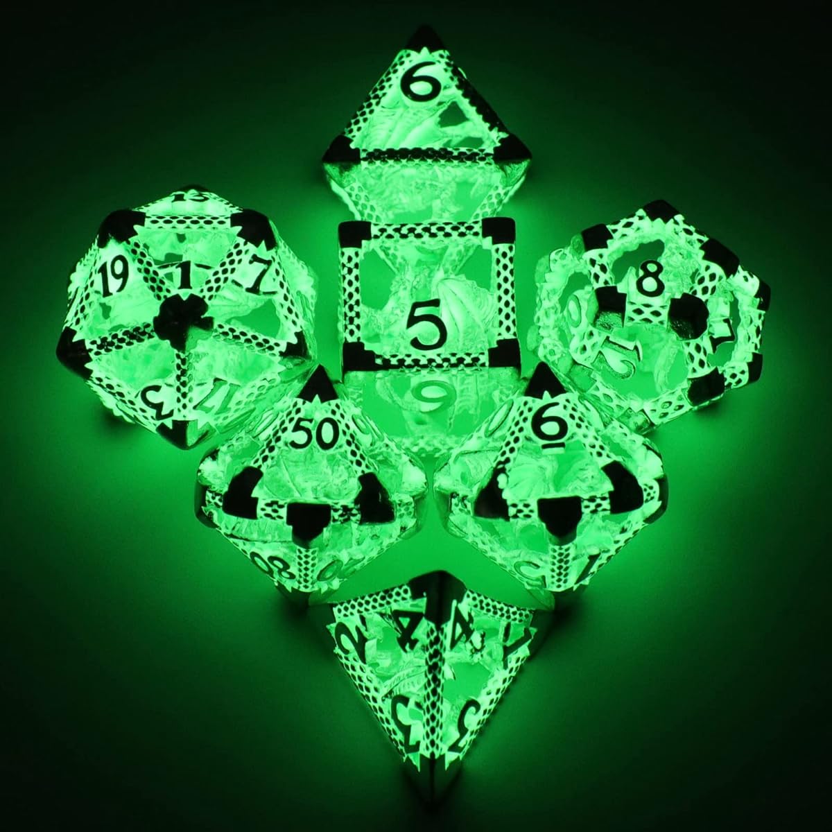 HNCCESG DND Dice Glow in the Dark DND Metal Dice Set Polyhedral Hollow Luminous RPG D&D Dice Dungeons & Dragons Role Playing MTG Table Game Pathfinder Warhammer Shadowrun (3D Green Light)