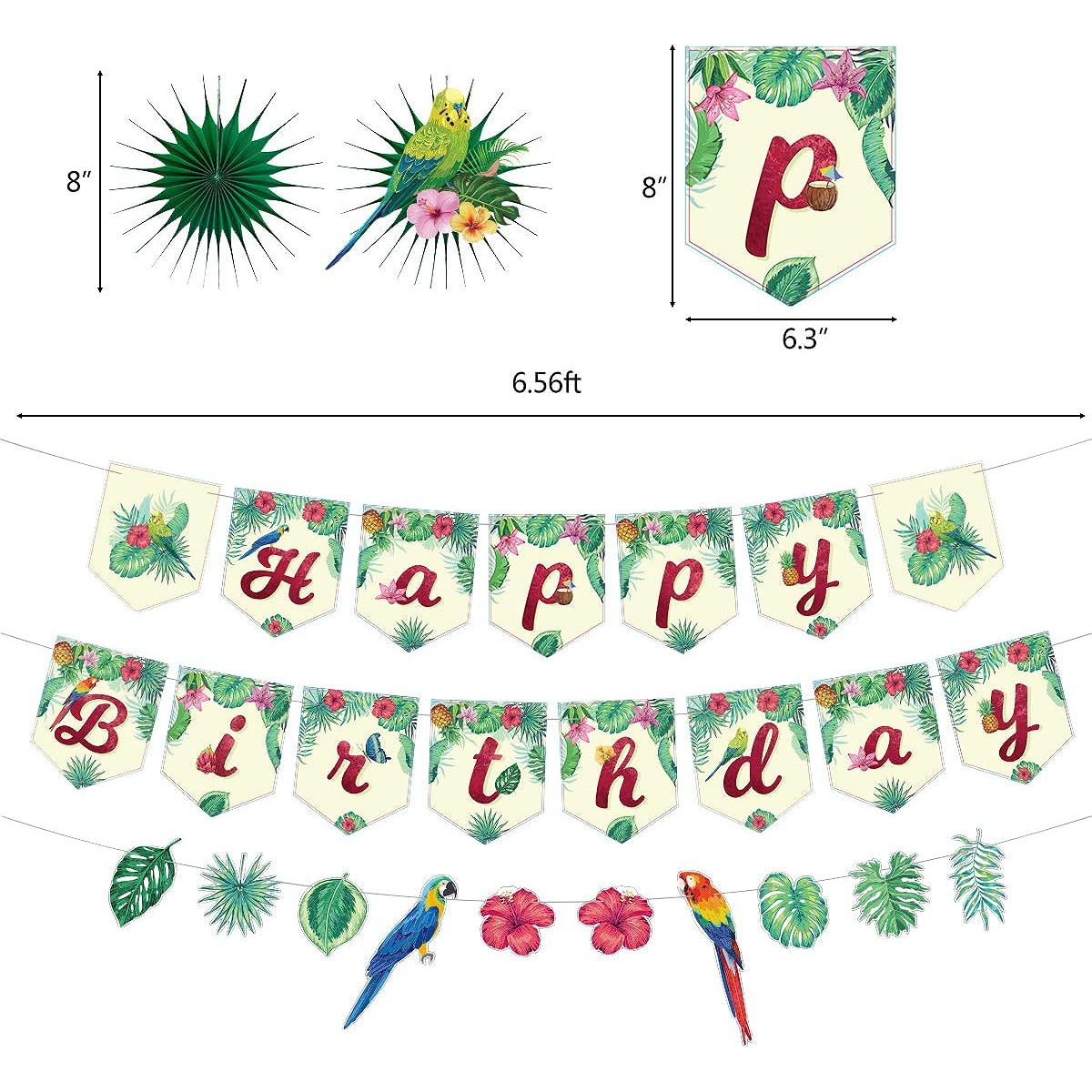 Cieovo Summer Hawaiian Party Decorations Set, Birthday Banner, Tropical Birds, Toucan Leaves, Paper Fans, Hanging Swirls, Aloha Summer Luau Hawaiian Birthday Beach Pool Party Decorations Favors