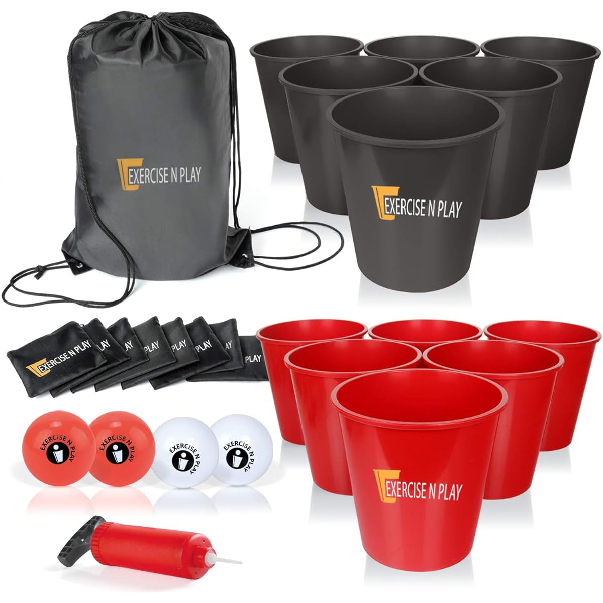 EP EXERCISE N PLAY Backyard Pong Game | Giant Yard Pong Bucket Yard Pong Game Set with 12 Buckets | Toss Game for Family and Friends (Black/Red)