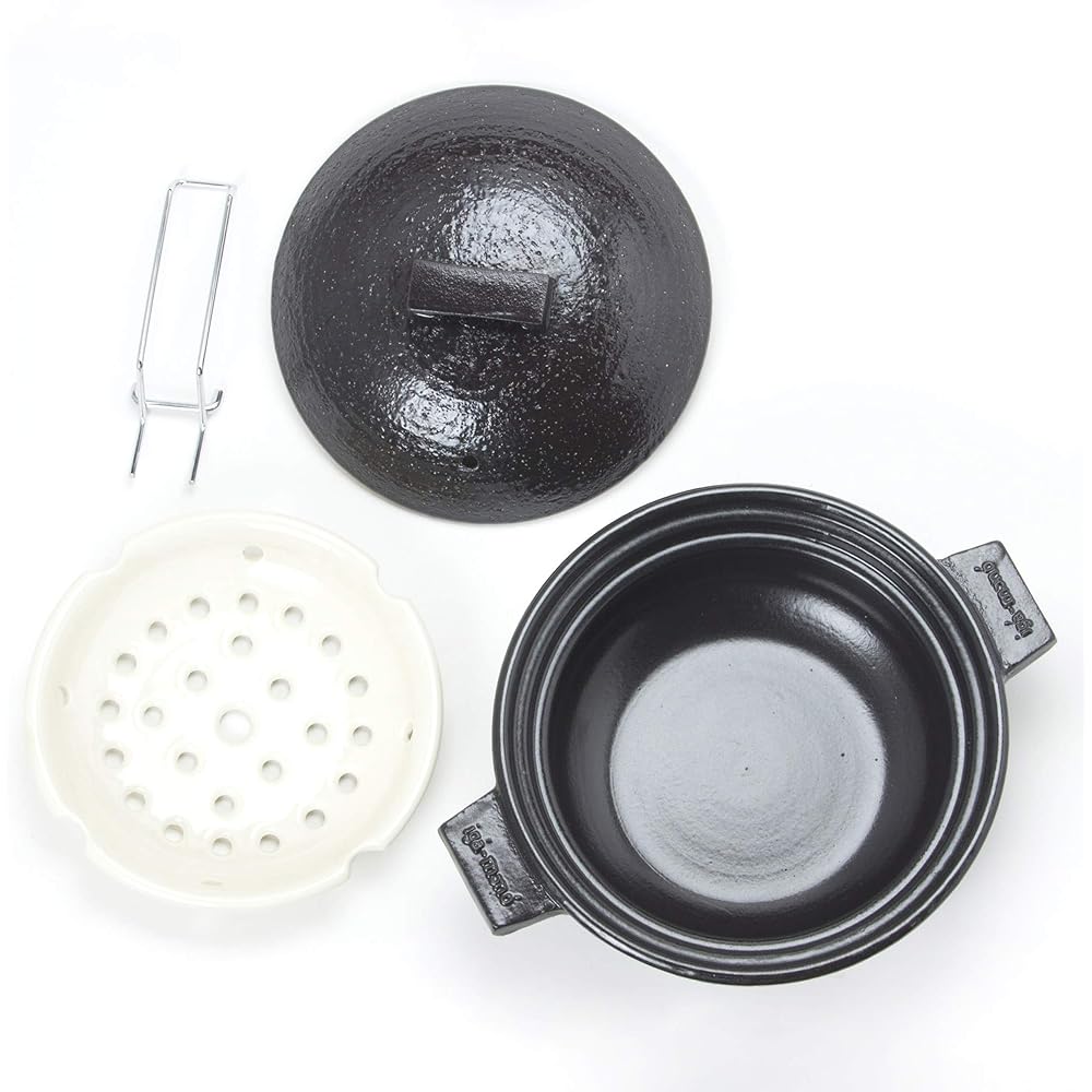 Hasenen Earthen Pot Bistro Steam Pot Small 22 cm 1200 ml For 2-3 people Oven Direct Fire Compatible Black Igayaki Made in Japan Recipe Included CK-24
