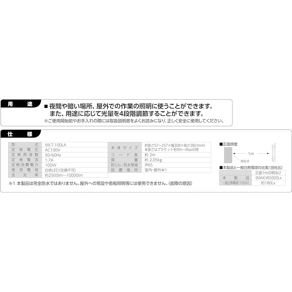 Takagi EARTH MAN LED Work Light 100W WLT-100LA Thin Compact LED Light Work Light Floodlight 10000 Lumens Dustproof Waterproof IP65 Power Cord 2m 4 Level Light Adjustment Wide Angle