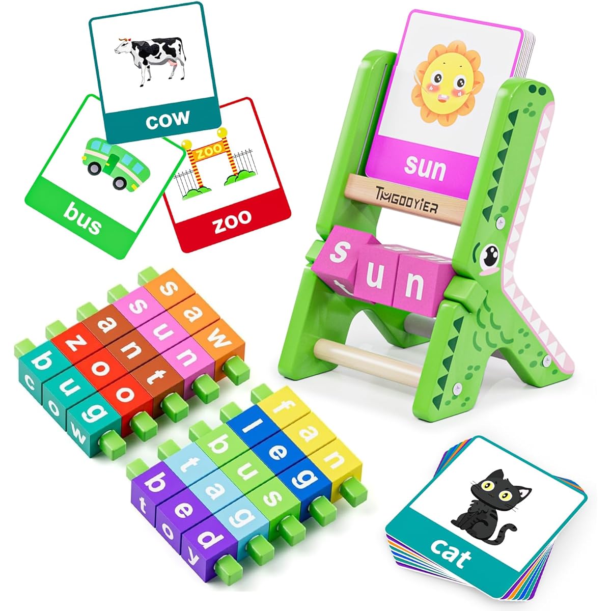 Tmgooyier Spelling Word Game Wooden Reading Blocks Phonics Flashcards Vocabulary Learning Writing Reading Montessori Toys for Children Boys Girls
