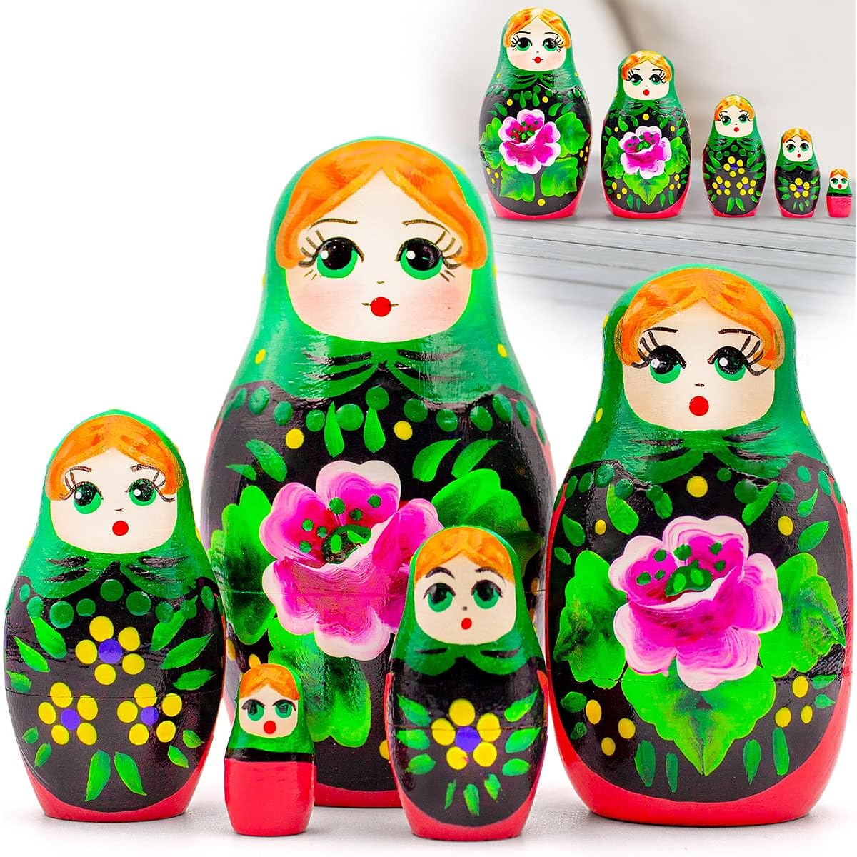 Russian nesting doll 5 piece set - green head scarf and sarafan with rose flower - Russian doll - rose decoration with rose