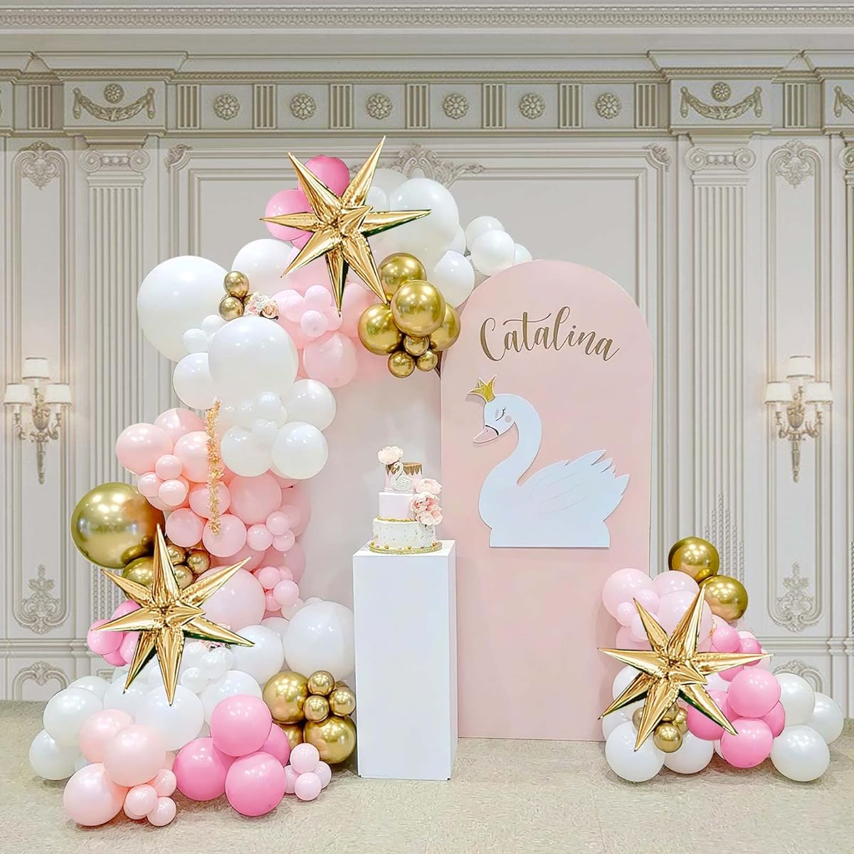 Pink and White Gold Balloon Garland Arch Kit 150 Pieces Large Chrome Starburst Balloons for Girl Baby Shower 1st Birthday Party Decorations