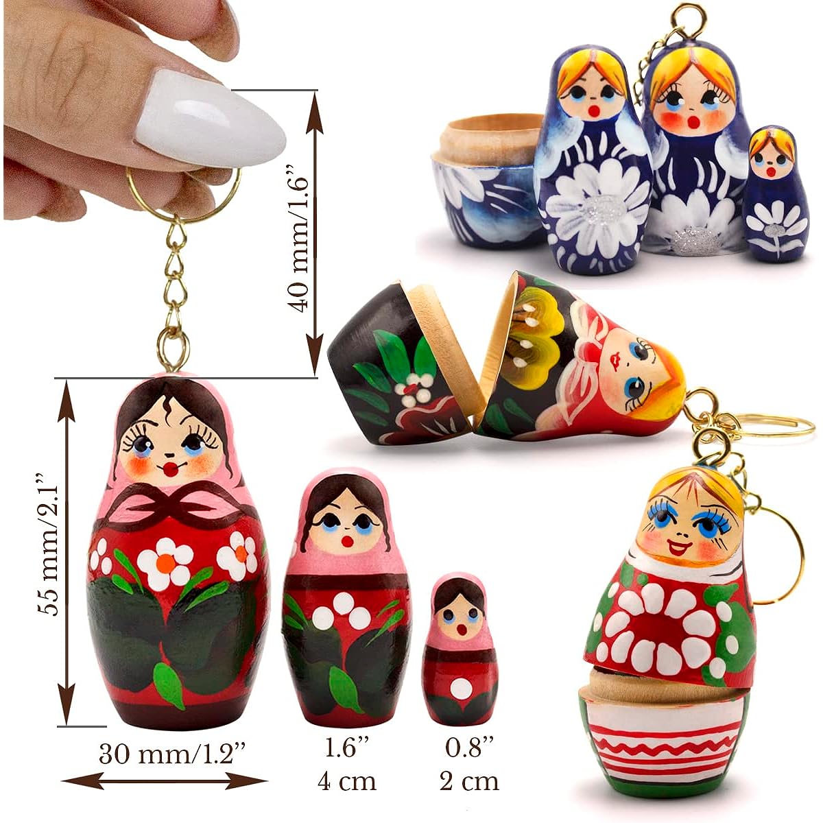 AEVVV Matryoshka Nesting Doll Keychain Set of 10 Pieces - Russian Doll Souvenir Keyring - Traditional Nesting Doll Keychain - Matryoshka Keychain for Girls