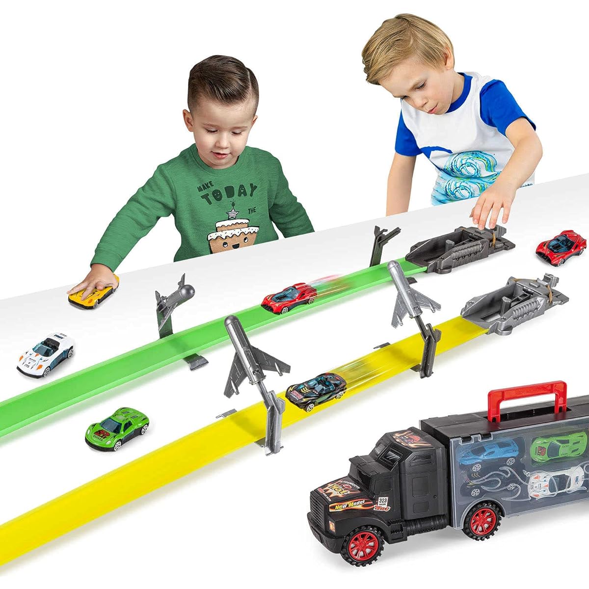 Abincee Toddler Toys for 3-5 Year Old Boys - Toy Truck Carrier with 12 Diecast Cars and 2 Race Tracks - Gifts for 3, 4, 5, 6, 7 Year Olds
