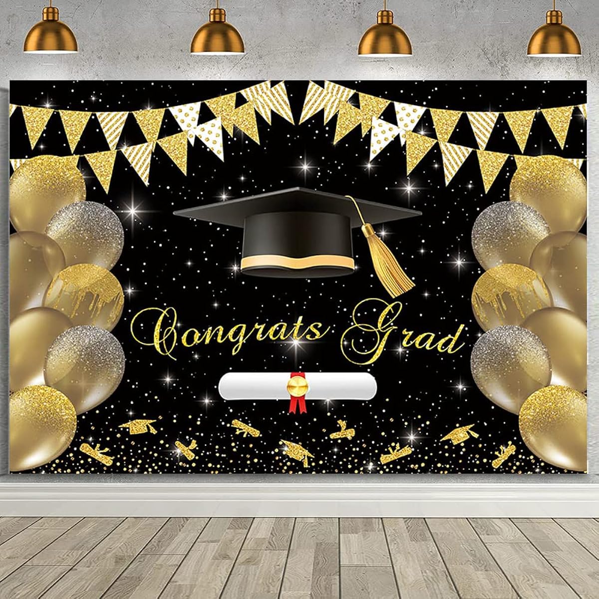 AIBIIN Graduation Banner 7x5ft Graduation Banner Backdrop Graduation Banner 2023 Graduation Decorations Black & Gold Graduation Decorations 2023 Graduation Backdrop 2023