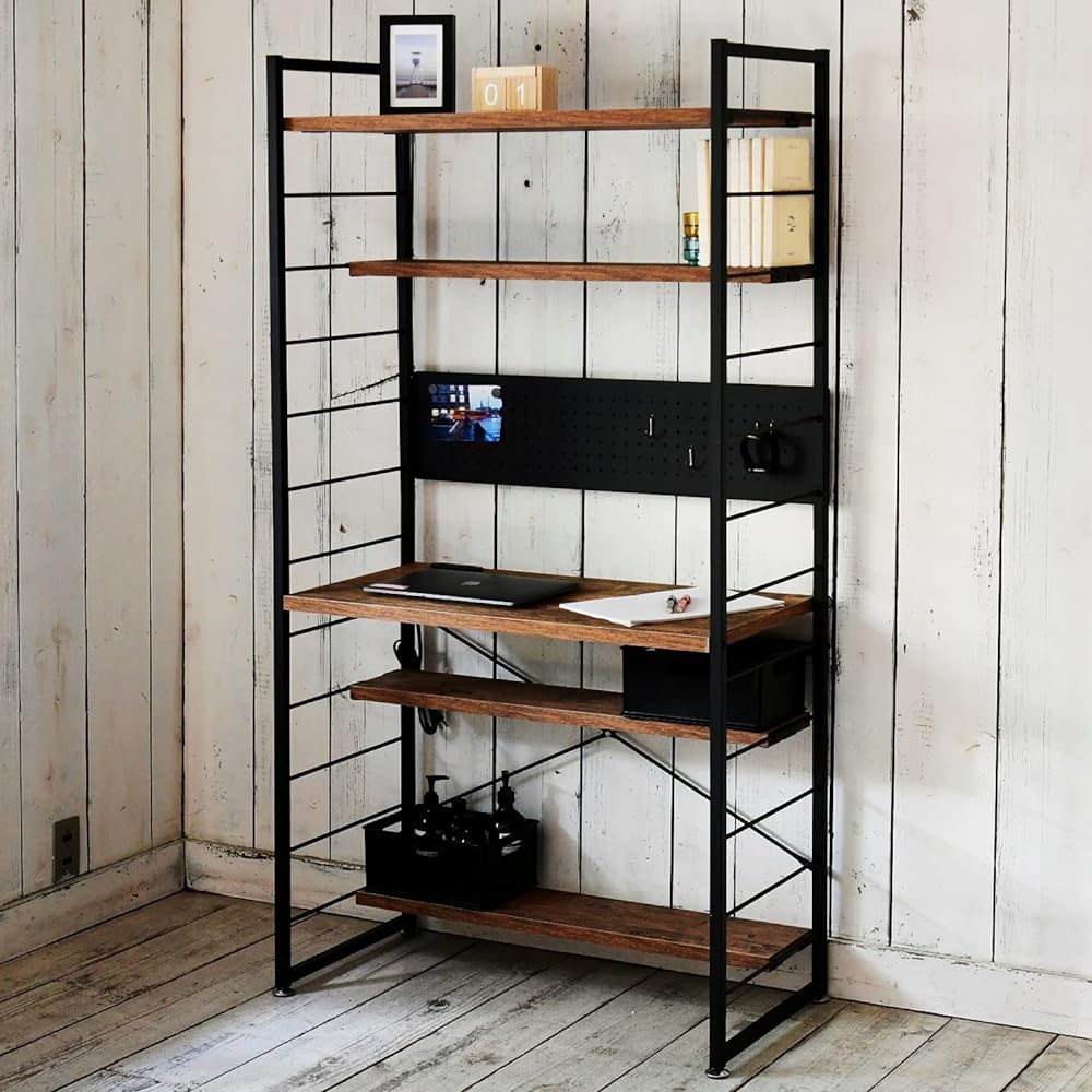 [Yamazen] Shelf Desk (PC Desk) with 2 Outlets/Back Panel, Easy Shelf Height Adjustment, Can be Connected, Study Desk, Width 85 x Depth 42 x Height 162.5 cm, Assembled Product, Antique Brown/Sand Black MWSD-1680E (ABRSBK) Telework living alone