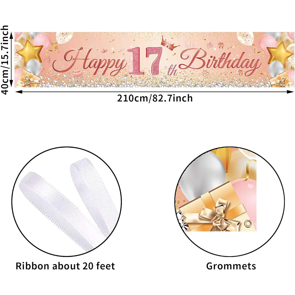 Happy 17th Birthday Banner,Sweet Rose Gold 17th Birthday Backdrop Banner,17th Birthday Sign Banner,Photo Booth Background Decorations for 17th Girl Birthday Party Outdoor Indoor