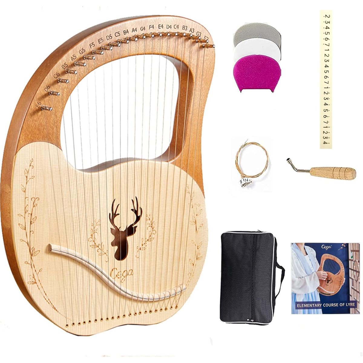WowZza Lyra Harp, Lyra 19/21/24 Metal String Maple Saddle Body Lyra Harp, All Accessories Included/Original Wood Color/21 Strings