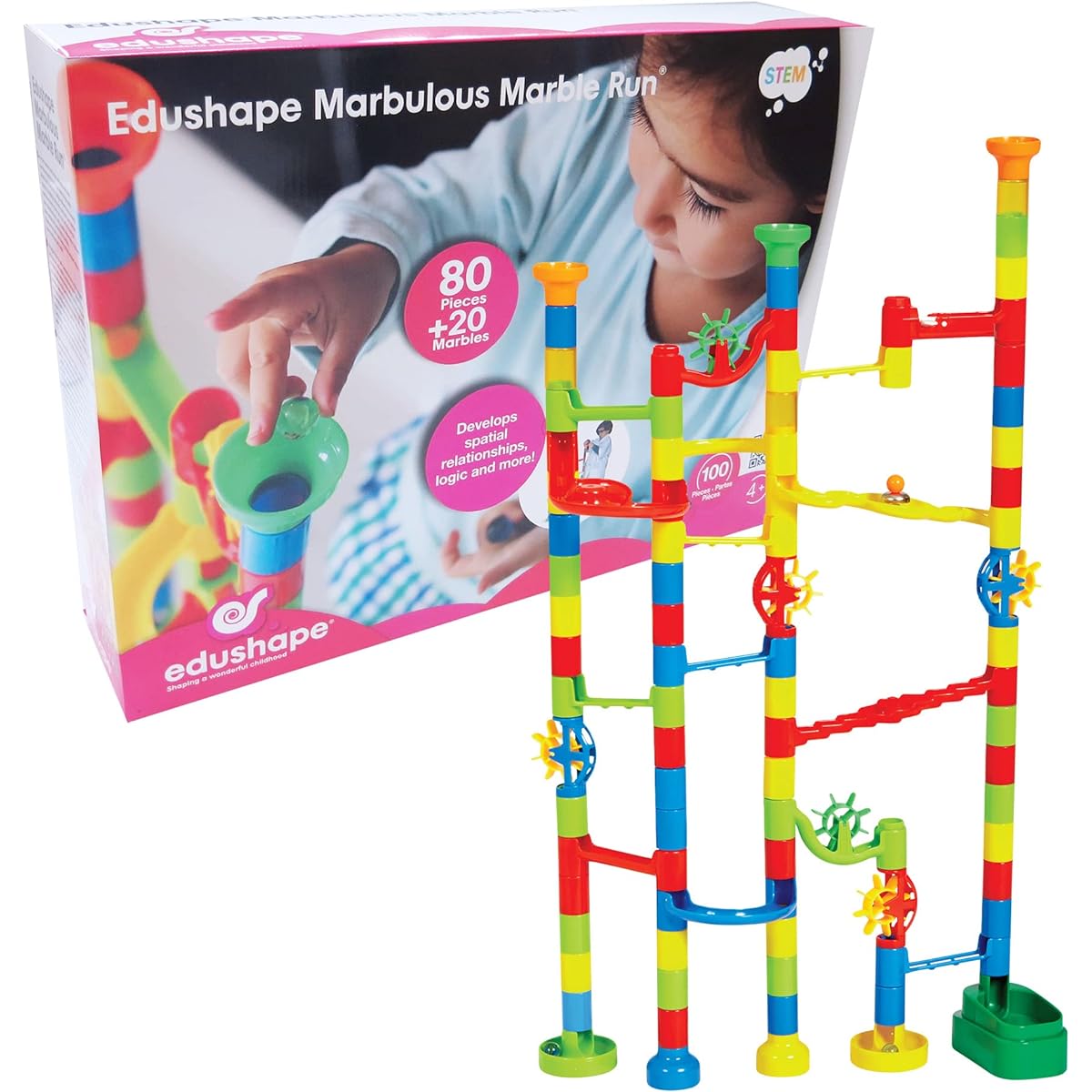 Edushape Marbulous Marble Run - 80 Pieces + 20 Marbles (Total 100 pc Set) Clear and Sturdy Setups Step-by-Step Illustrated Instructions for 4 Different Skill Levels