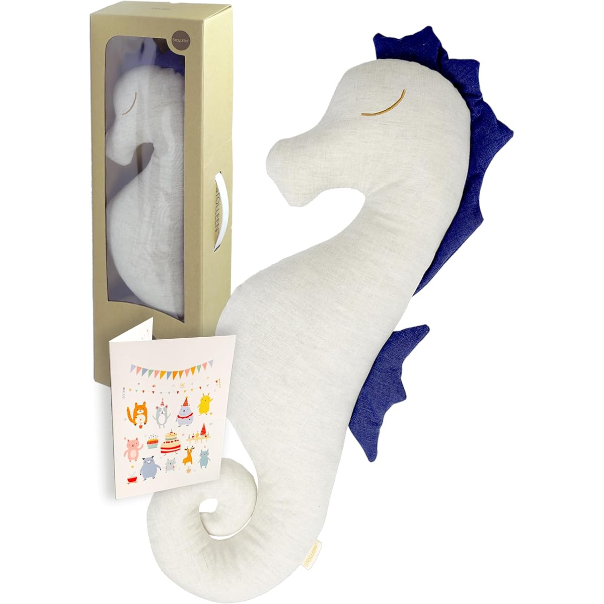 STOLLEEN Seahorse Organic Linen Cotton Plush Toy Cute Body Pillow Gift Pack Greeting Card Hand Stitched Fur Free Plush Washable 25"
