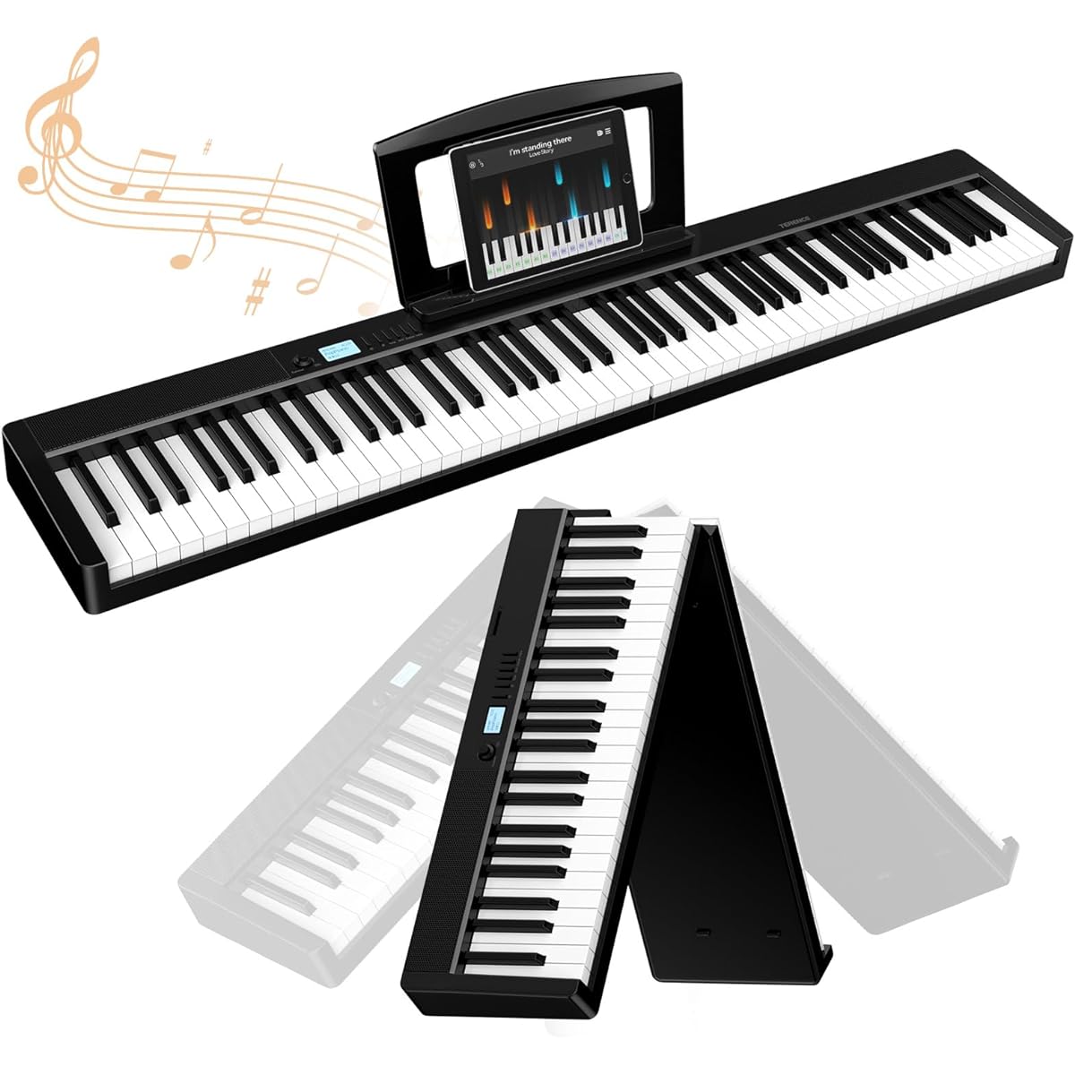 TERENCE Electronic Piano 88 Keys Foldable Touch Response Keyboard 5W Dual Speakers MIDI Compatible Keyboard Piano Rechargeable with Petals Perfect for Practice Compact Portable Japanese Instruction Manual Included V30 Black