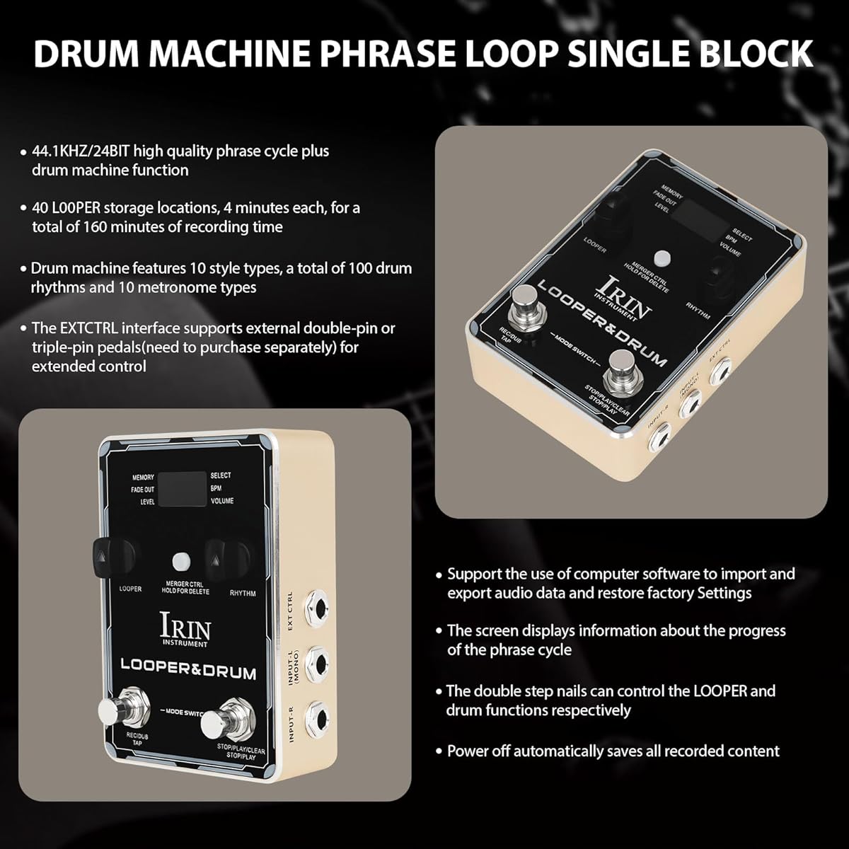 Xtahdge Looper Pedal Drum Machine Guitar Effect Pedal 44.1kHz/24 Bit 160 Minutes Recording Time 100 Drum Machine Rhythm Double Stepping Nail Looper Pedal Headphone Jack, Rose Gold