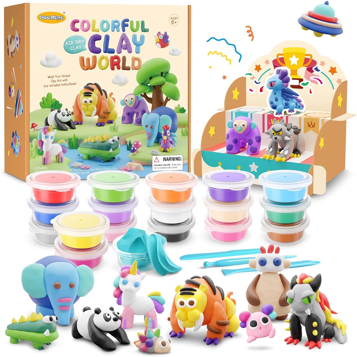 Drama Planet Air Dry Clay Kit for Kids with 4 Scenes and 26 Project Tutorials, 18 Cans of Modeling Clay with Display Stand, Great Gift for Girls and Boys
