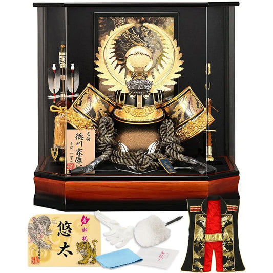 May doll worn by Tokugawa Ieyasu, helmet case display, helmet display, made by Heian Ikko, pure silk lacing, size 23, dynasty/dark brown, hexagonal acrylic case h065-moys-510