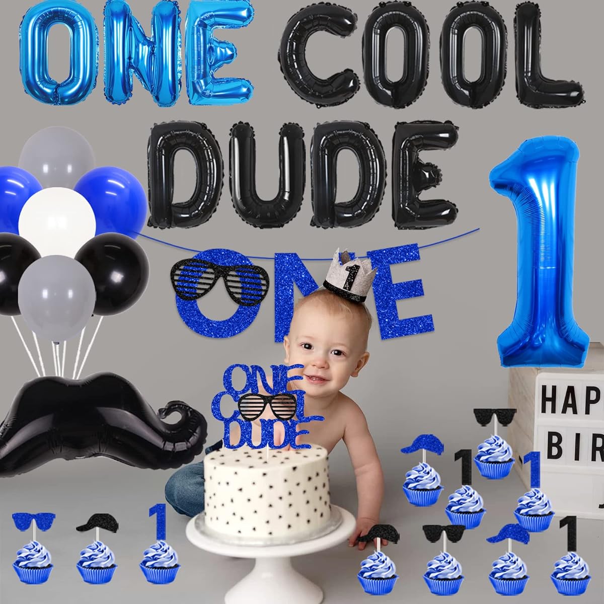 Cool Dude Birthday Decorations, Cool Dude Balloon Cake Topper, 1 Highchair Banner for Baby Boys, 1st Birthday Decorations, Party Supplies