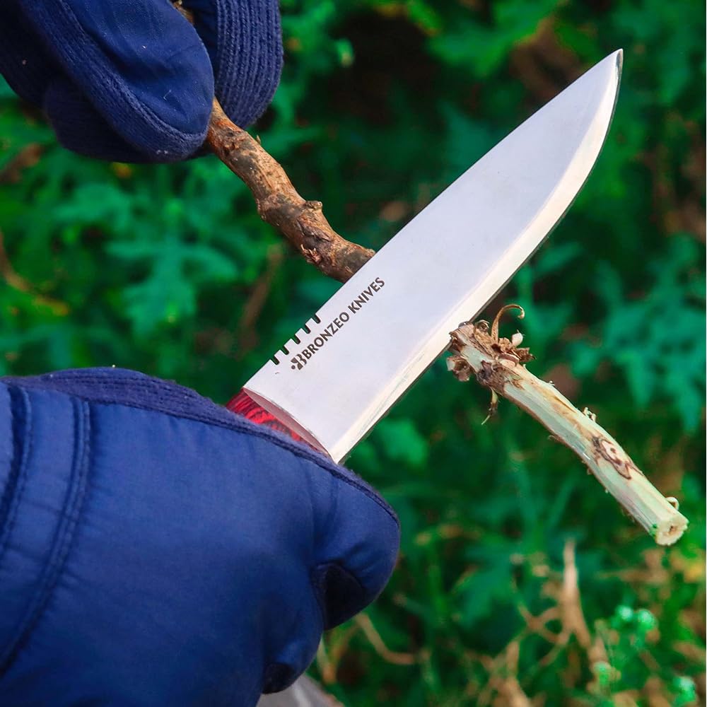 Bronzeo Knife 220mm Handmade D2 Steel Survival Knife Sheath Knife Full Tang Construction Camping Fishing Battoning Non-Slip Natural Red Pakka Wood Handle