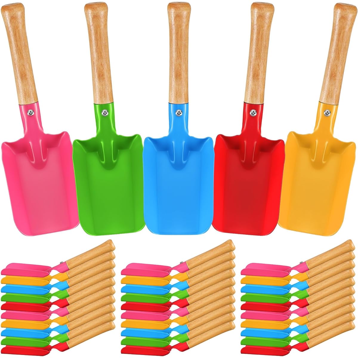 RoundFunny 35pcs Sand Shovels Wooden Mini Sand Shovels Gardening Mini Garden Tools Metal Hand Shovel Metal Spade Metal Sturdy Wooden Handle Safe Gardening Tools (Mulch, 8 inch)