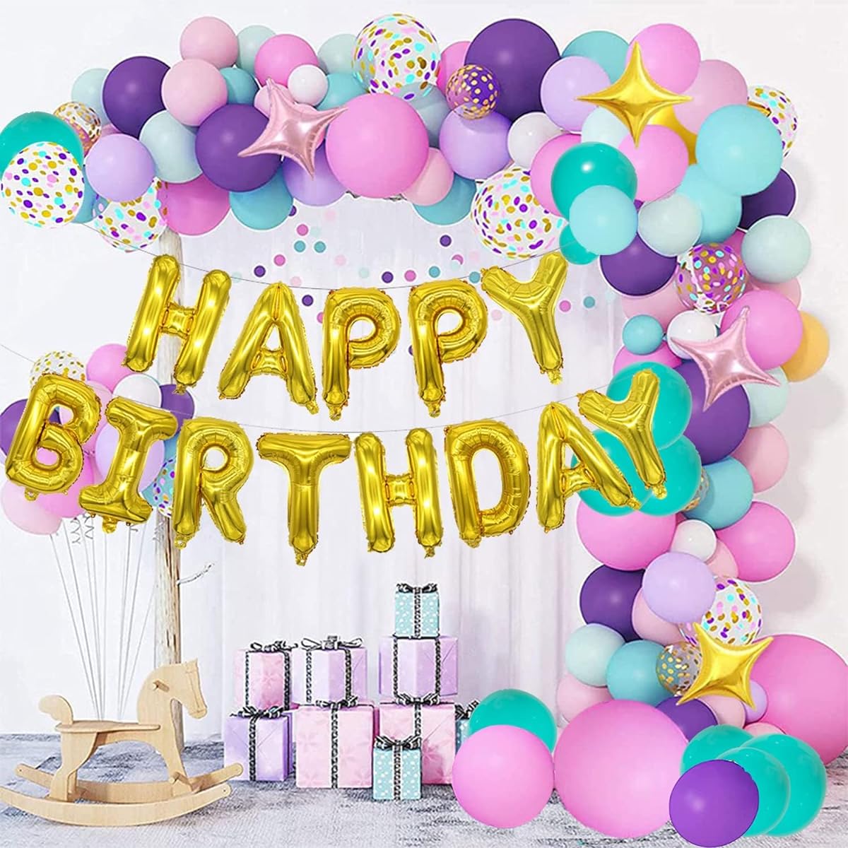 BMLFOH Birthday Decoration Balloons and Banner Supplies - 138 Pieces Balloon Garland Arch Kit and 16 Inch Gold Happy Birthday Balloon Letter Banner for Boy or Girl Birthday Theme Party