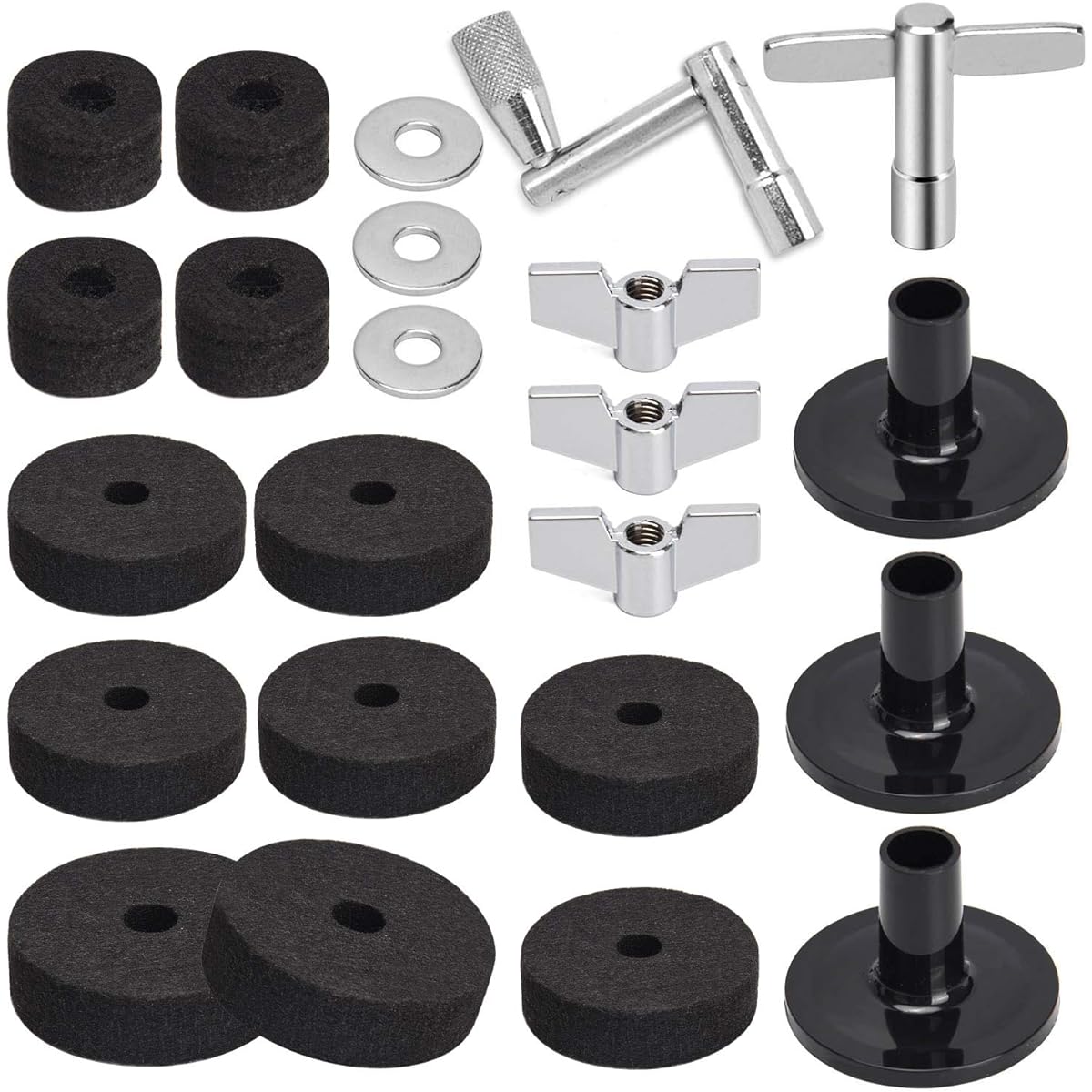 Facmogu 23PCS Cymbal Replacement Accessories, Cymbal Stand Felts, Drum Cymbal Felt Pads Include Wing Nuts, Washers, Cymbal Sleeves & Drum Key - Black