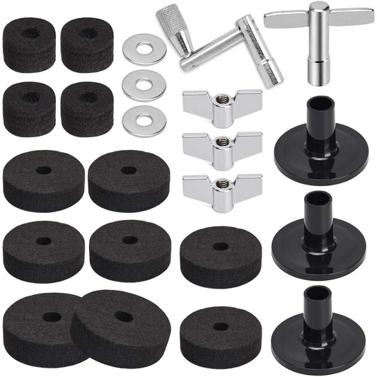 Facmogu 23PCS Cymbal Replacement Accessories, Cymbal Stand Felts, Drum Cymbal Felt Pads Include Wing Nuts, Washers, Cymbal Sleeves & Drum Key - Black