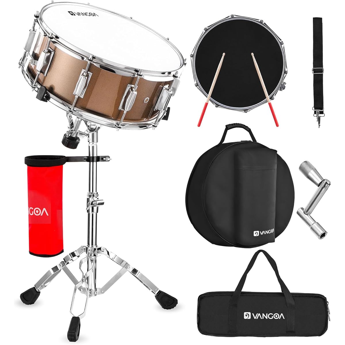 Vangoa Snare Drum Set Student Snare Drum Kit with Stand Drum Mute Pad 5A Drumsticks Drum Key Sticks 14" x 5.5" Brown