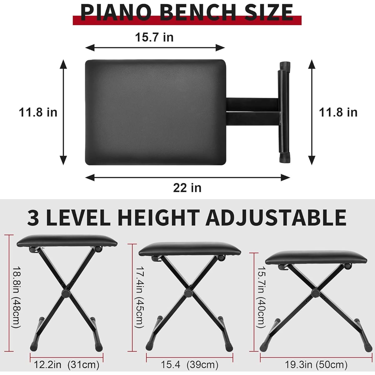 MUZNOTE Piano Bench, Adjustable Keyboard Bench, Padded Keyboard Chair Seat, X-Style, Foldable, Flame Retardant Cotton, Anti-Slip Waterproof Design, Black