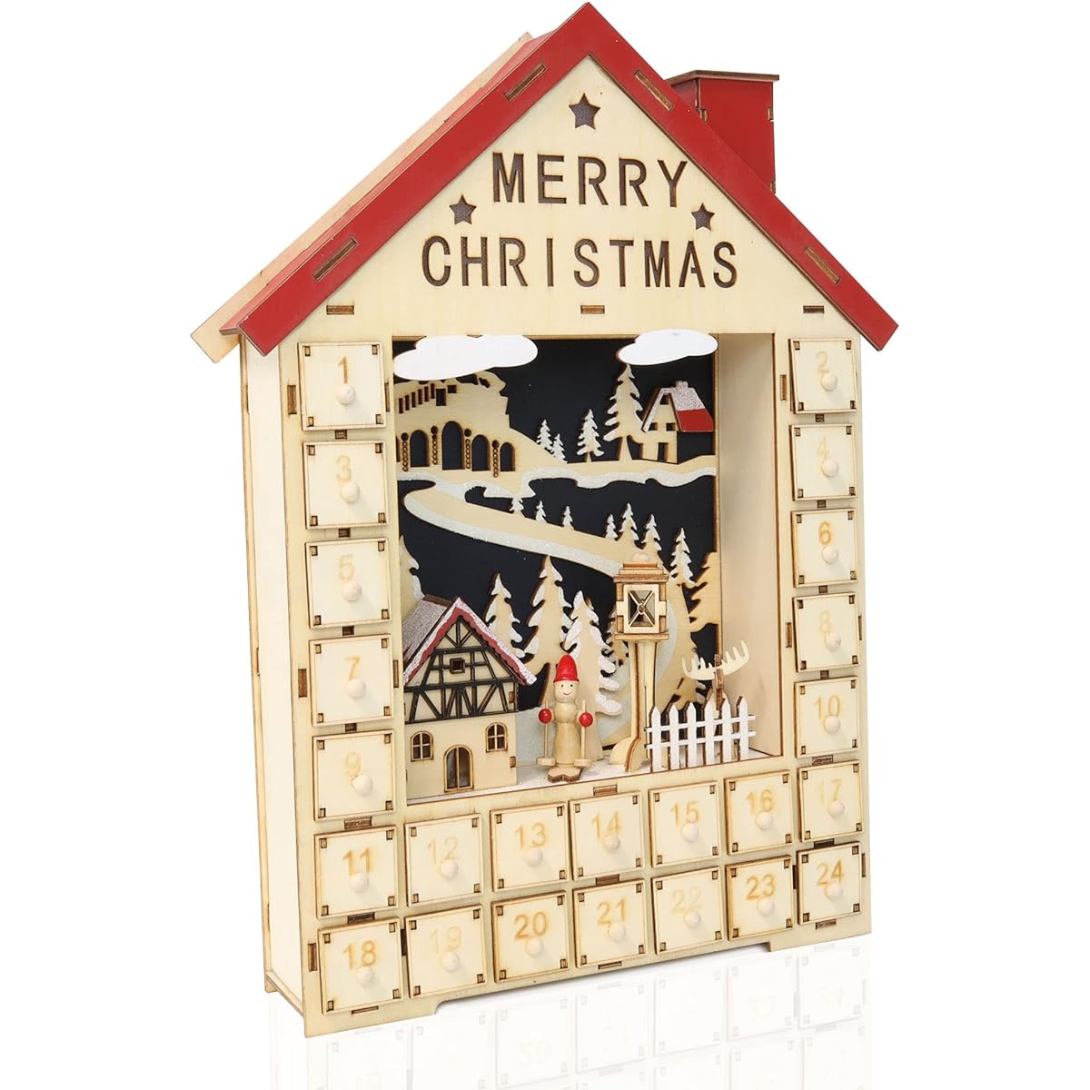 Snowy Village Advent Calendar with Lights - Fillable Advent Calendar with 24 Drawers Perfect for Countdown to Christmas - Beautiful Holiday Home Decor for Holiday Cheer - Red & Cream