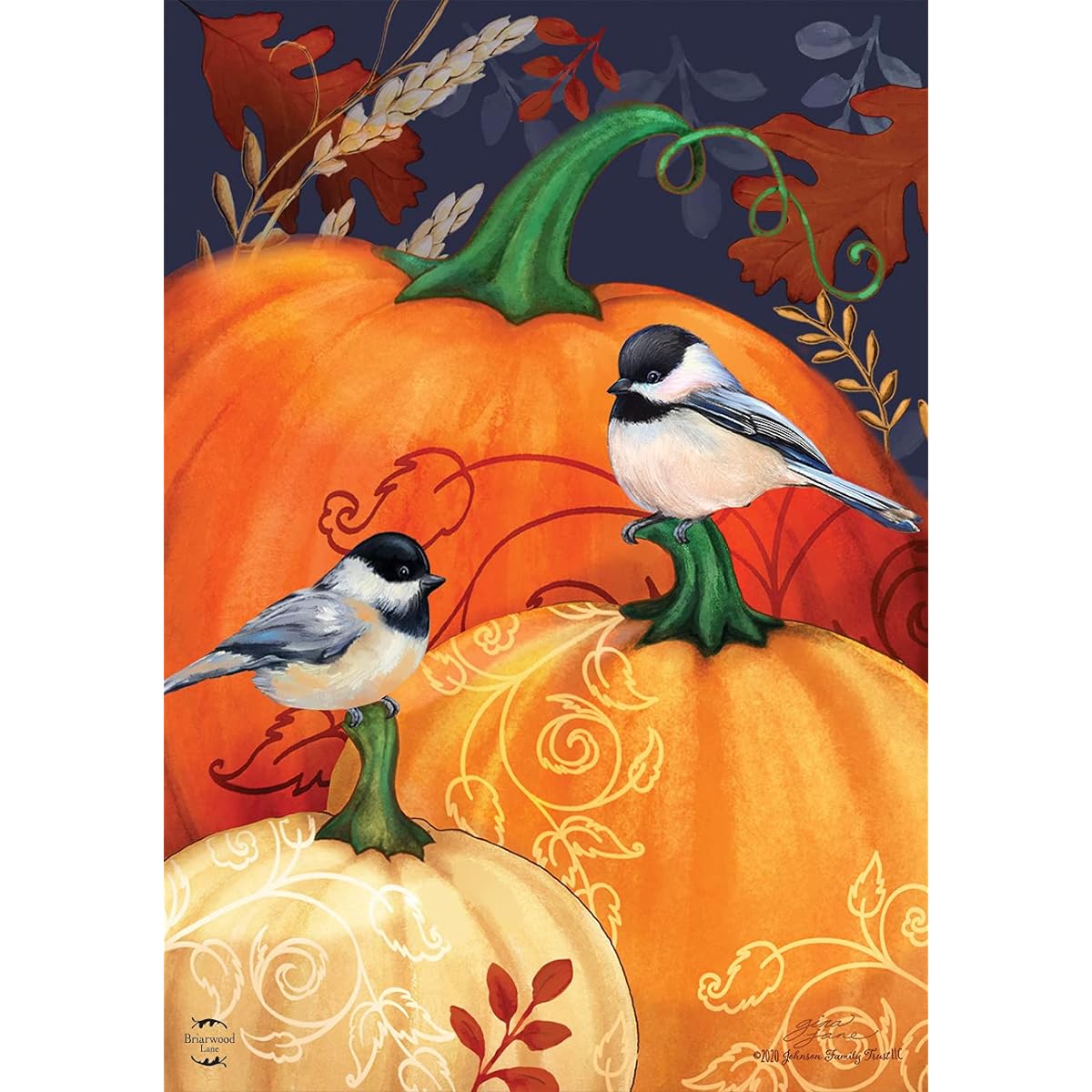 Pumpkins and Chickadees Fall House Flag Fall Bird 28" x 40" Briarwood Lane