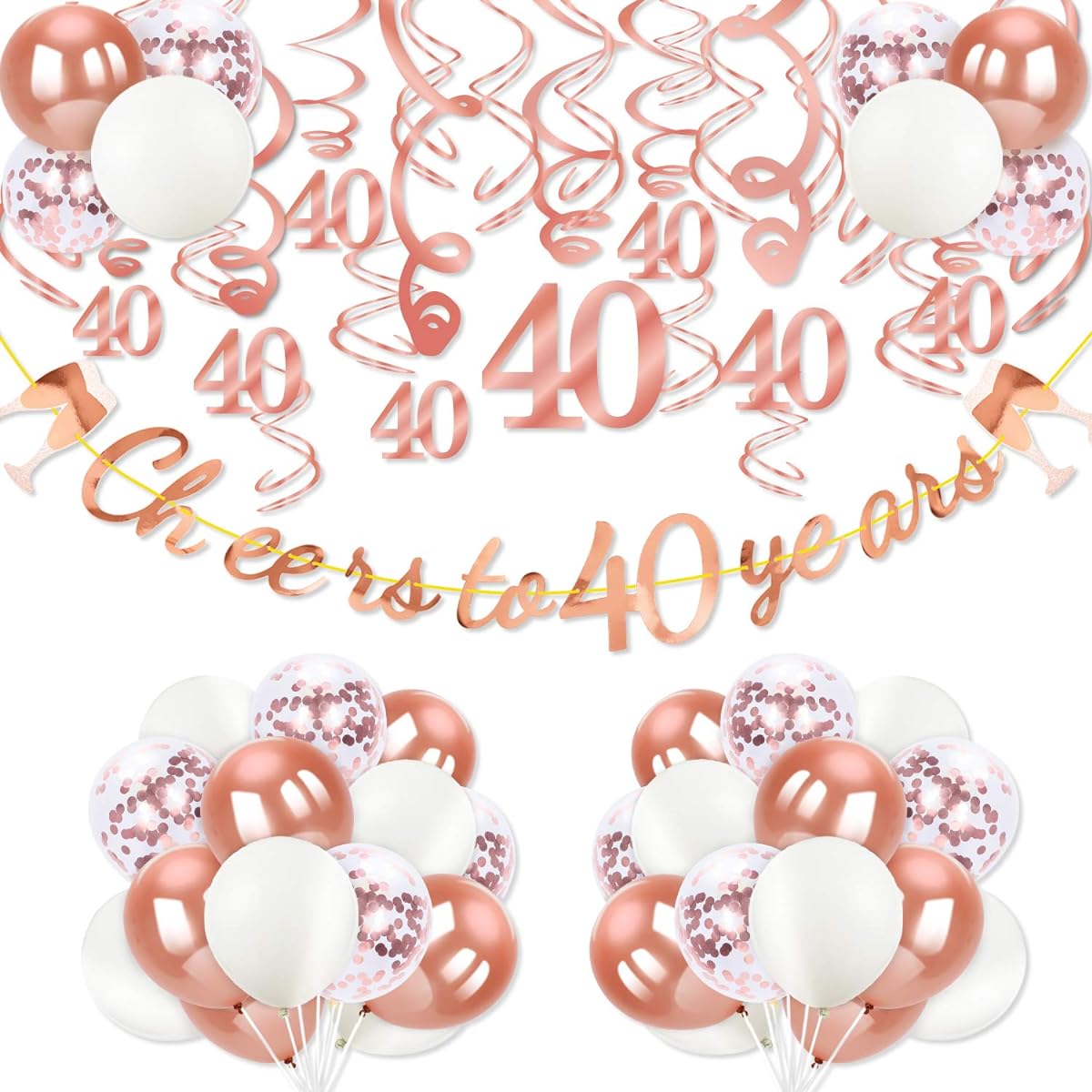 Konsait 40th Birthday Party Favors Decorations, Rose Gold Cheers & Beers ~30 Years Old Banner 50 Pieces Rose Pink Hanging Swirl Latex Confetti Balloons 30th Birthday Wedding Anniversary Party Supplies