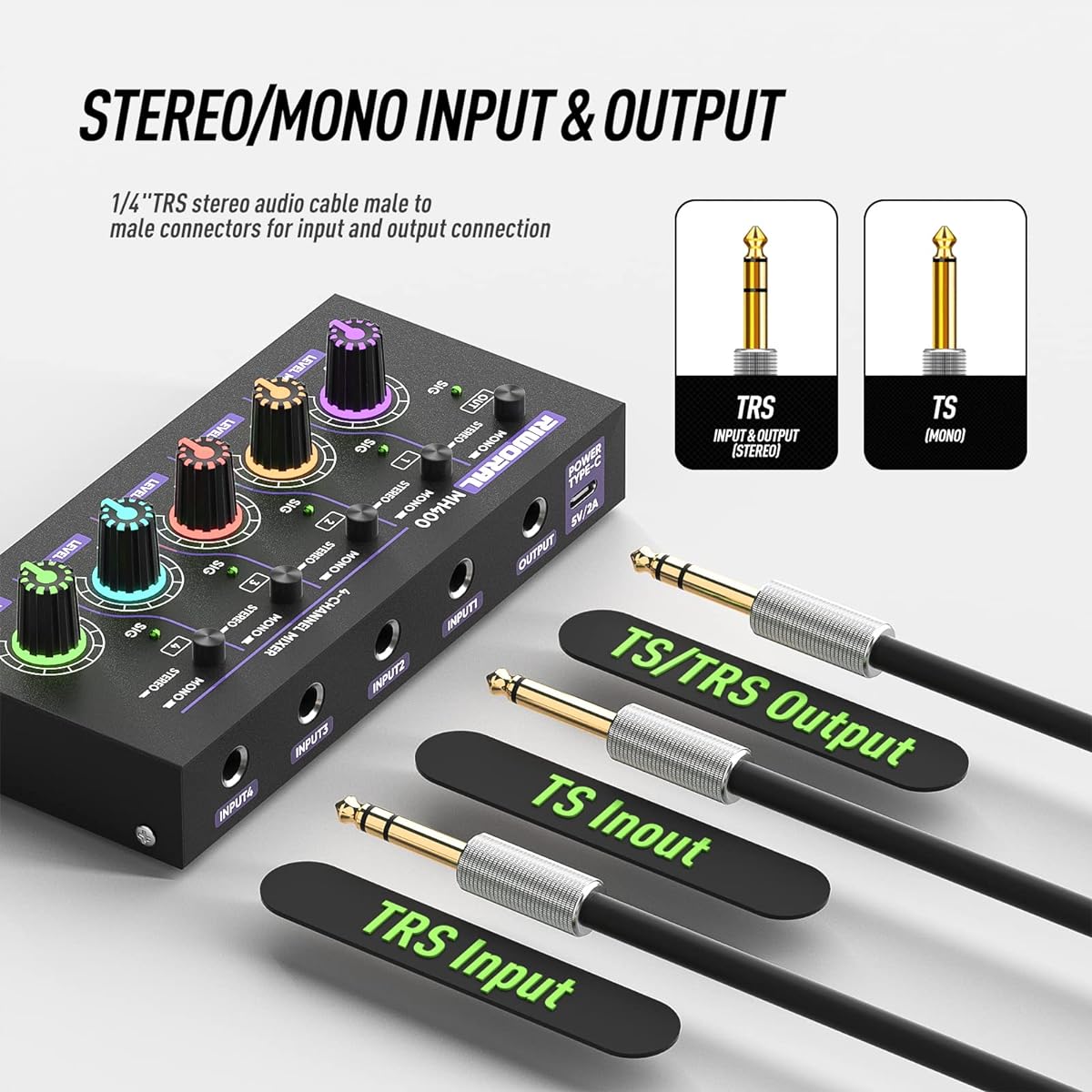 Riworal Mini Audio Mixer Ultra Low Noise 4 Channel Mixer Audio Mono and Stereo Line Mixer for Stage Small Club Bar MH400