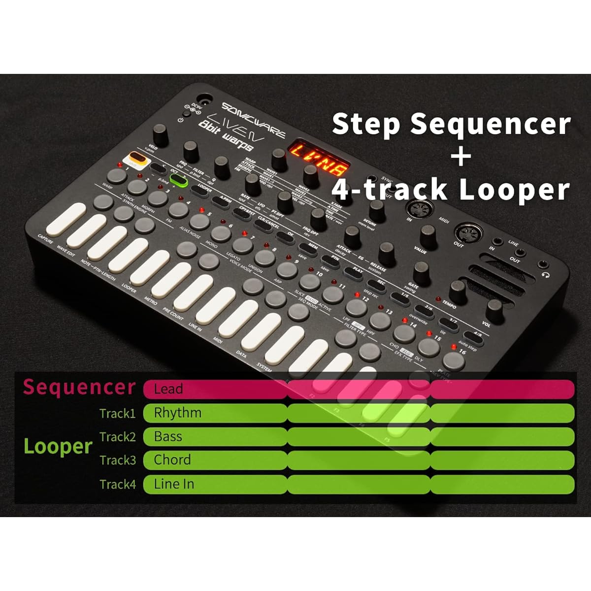 SONICWARE LIVEN 8bit warps [8bit synthesizer groove box] Step sequencer + 4 track looper, 6 voices, 11 effects, battery powered, built-in speaker