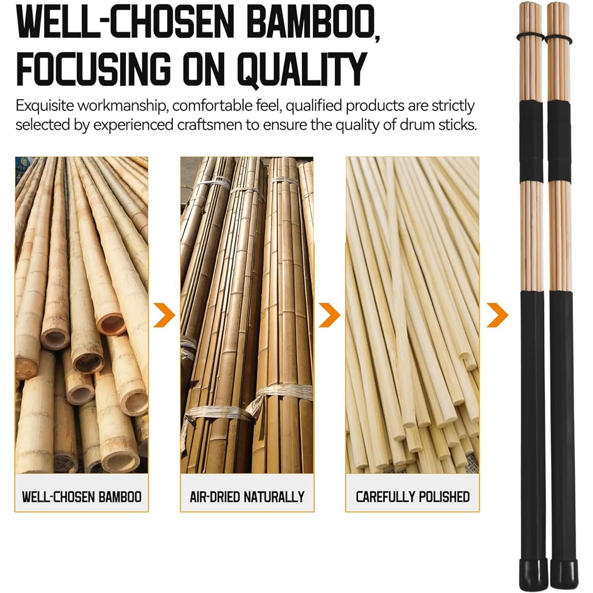 Jazz Drumsticks 2 Pack Drumsticks Bamboo for Jazz Folk Music (Black)