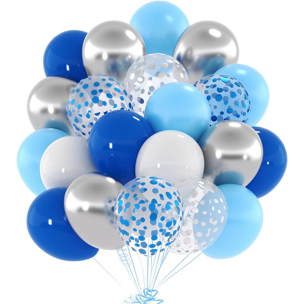 Blue White Silver Balloons Kit, 60pcs Macaron Blue Balloons, Royal Blue, Metallic Silver, White Balloons, Blue and Silver Confetti Balloons for Baby Shower, Wedding, Boys Birthday Party Supplies