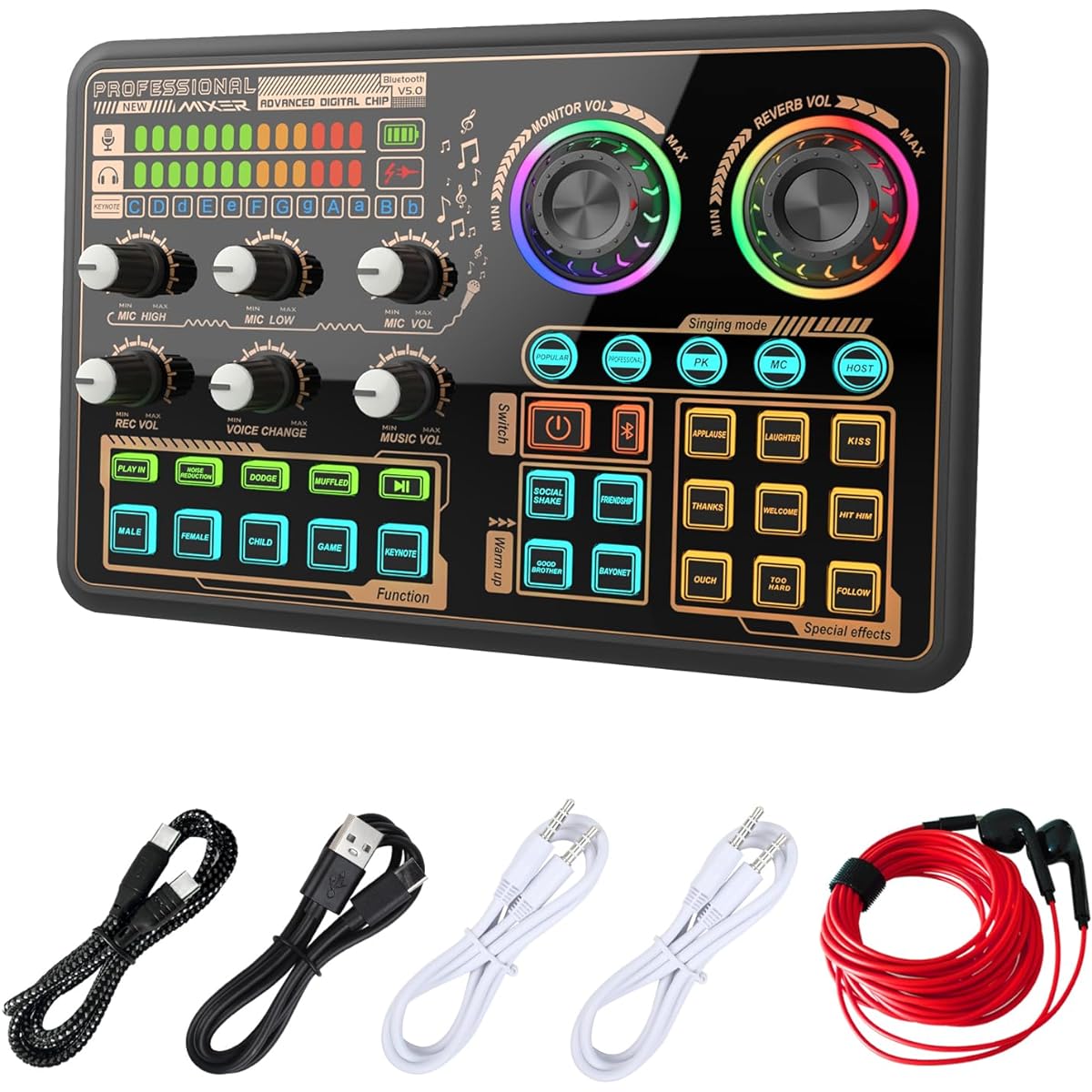Hosabely Audio Mixer with Effects Audio Interface with Voice Changer & LED Light External Sound Card for PC Phone Microphone Audio Mixer for Karaoke Streaming Recording Game