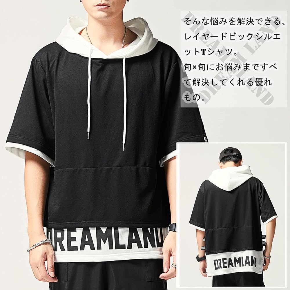 [Moshtashio] Men's Hoodie, 3/4 Sleeve T-Shirt, Summer Clothes, Hooded, Sports, Loose, Casual, Pullover, Cotton, Large Size, Hip Hop Streetwear