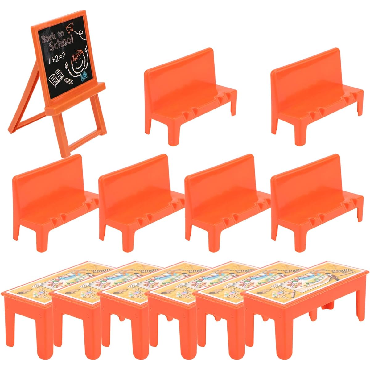 TOYANDONA 13-Piece Doll Classroom Set Miniature Desk and Chair Chalkboard Model Dollhouse Miniature Accessories