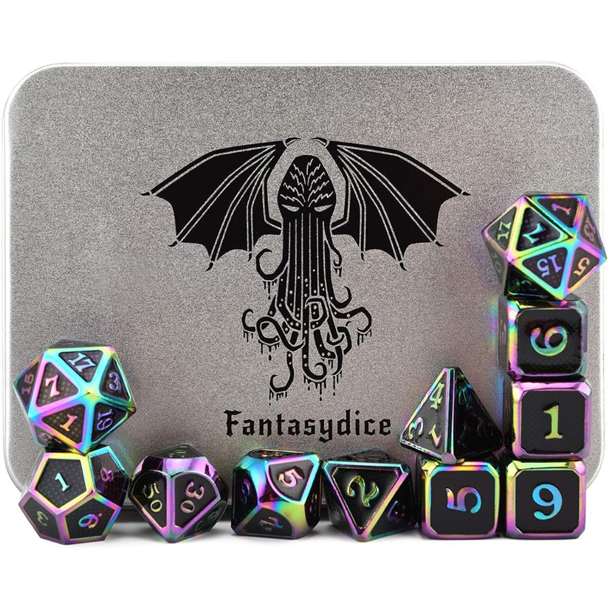 Rainbow Eldritch Cthulhu Scale Metal Dice Set 11 Polyhedral Dice with Metal Box for Dungeons & Dragons (D&D, DND 5th Edition), Call of Cthulhu, Warhammer Shadowrun, All Tabletop RPG for Game Lovers