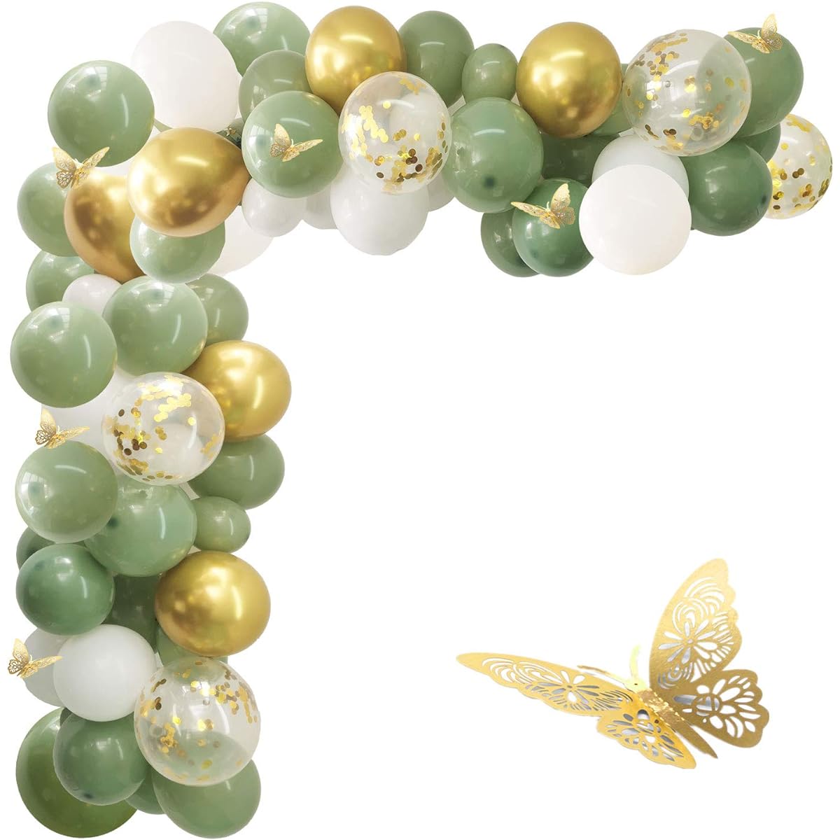 Sage Green Balloon Garland Arch Kit - 112pcs Sage Green Balloons, Colorful Butterflies, Olive Green Balloons, Green Balloon Garland Kit for Bridal Shower, Birthday, Wedding, Jungle Festival Party Backdrop (Gold Butterflies)
