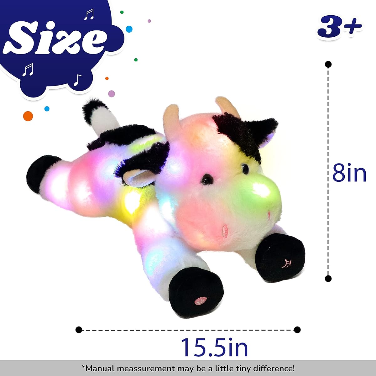 Cuteoy LED Musical Stuffed Animal Cow Plush Toy with Adjustable Volume 3 Levels Light Up Diary Cow Singing Farm Animal with Night Light Lullaby Luminous Birthday Gift for Toddlers Kids 15.5 Inch (2)