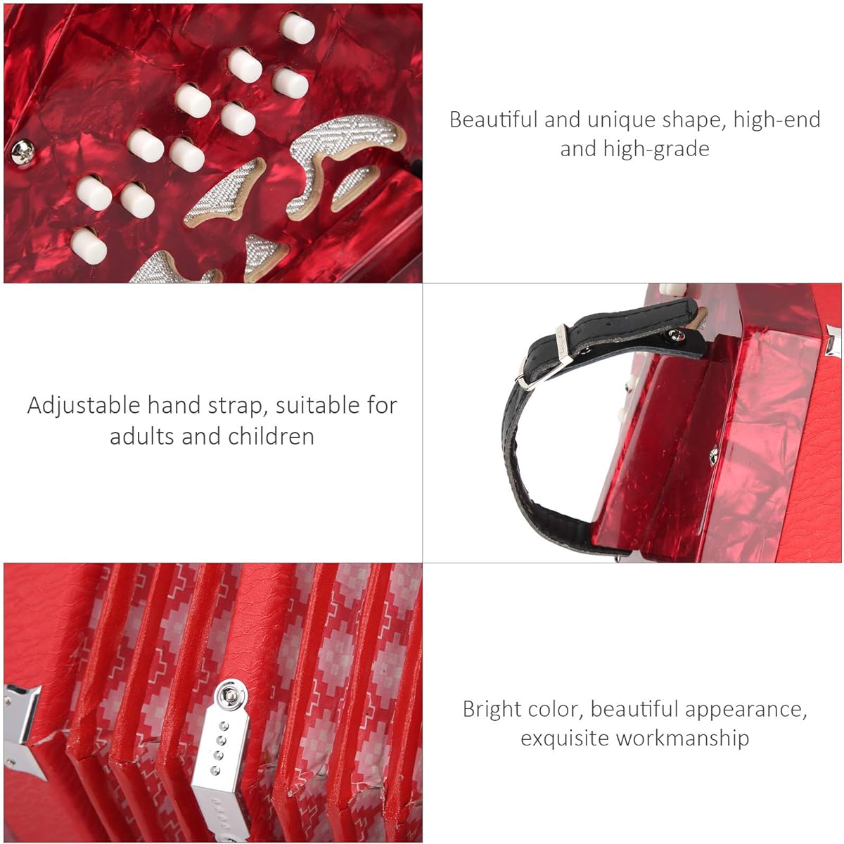 Concertina Accordion Portable Adult Professional Musical Instrument Equipment with Adjustable Hand Strap and Carry Bag Accordion for Adults Kids Children Beginners Gift (Red)