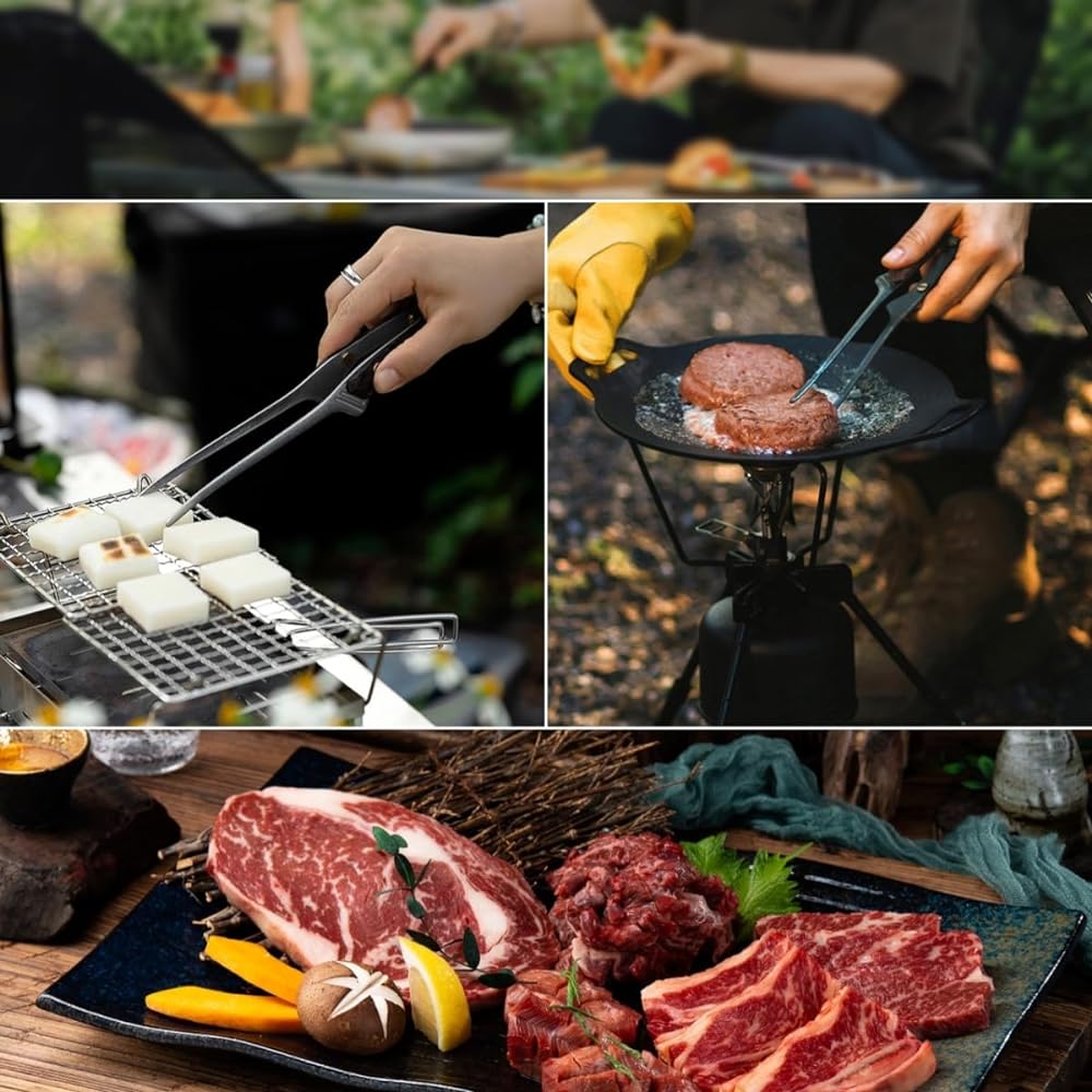 BBQ Tongs Camping Tongs Barbecue Tongs 304 Stainless Steel Multi-Tongs Yakiniku - Chopsticks - Camping - Lightweight / Heat Resistant / Burn Prevention / Rustproof / Outdoor Tableware / Camping Cookware Supplies (B-Black + Silver (2PCS))