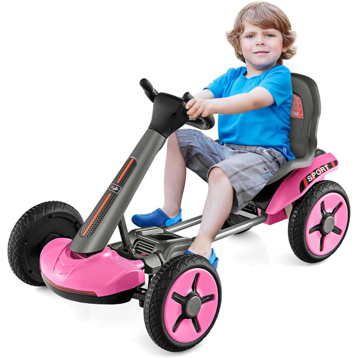 OLAKIDS Go Kart for Kids, 12V Battery Ride-on Car with Adjustable Seat and Steering Wheel, Foldable Wheels, Removable Cup Holder, LED Lights, Electric Go Kart for Ages 2-5 (Pink)