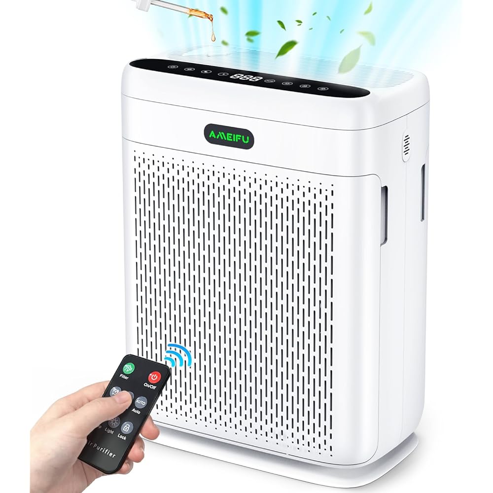 AMEIFU Air Purifier, Pollen Prevention, First Appearance, Double Filter, Strong Purification, 3 Levels Air Flow Setting, Deodorizing, Disinfectant, PM2.5 Automatic Detection, Air Quality Light, Aroma