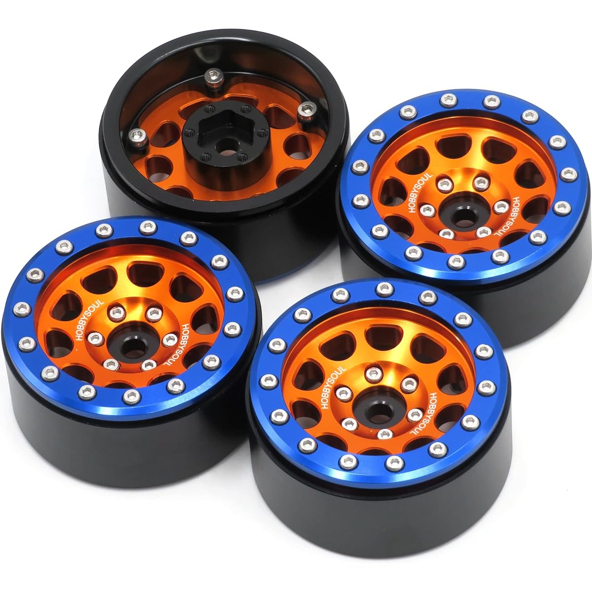 HOBBYSOUL RC 1/10 Aluminum 1.9" Beadlock Wheels Rims Hex 12mm Orange & Blue Color for 1:10 RC Rock Crawler Mud 1.9 Tire Tyres