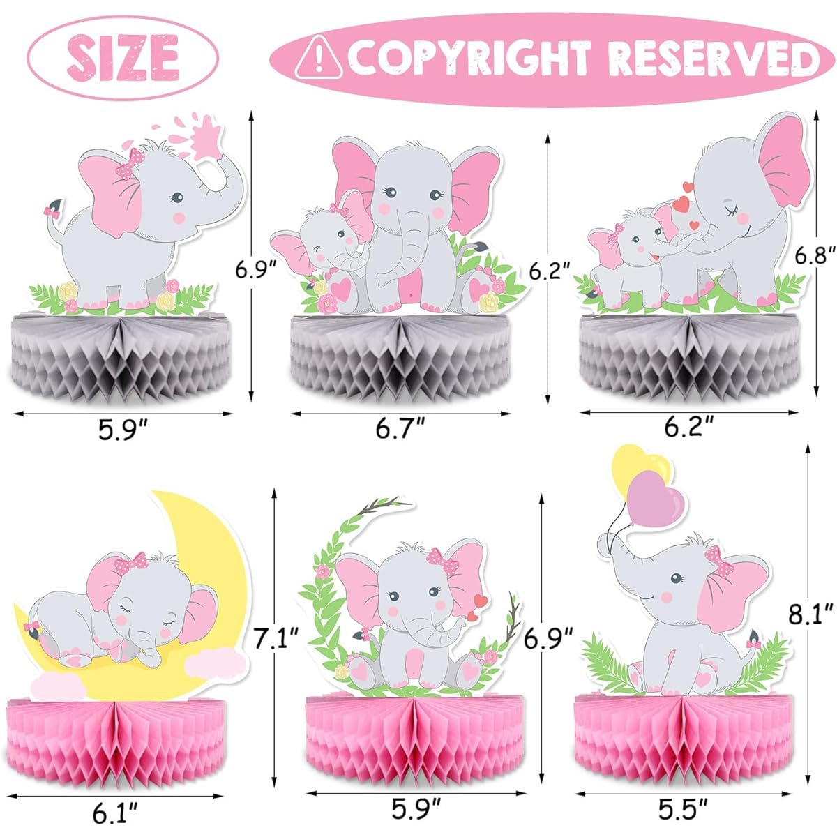 6pcs Pink Elephant Honeycomb Centerpieces Baby Girls It's A Girl Table Decorations Pink Tiny Peanut Cutouts Pink Elephant Theme Baby Shower Birthday Party Supplies
