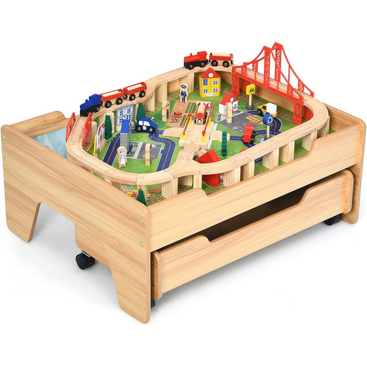 HONEY JOY Train Table, Wooden Kids Activity Table with Storage Drawers, 100 Multi-Colored Pieces Truck Train Car Car Toddler Train Table Set for Boys Girls Ages 3+ Natural